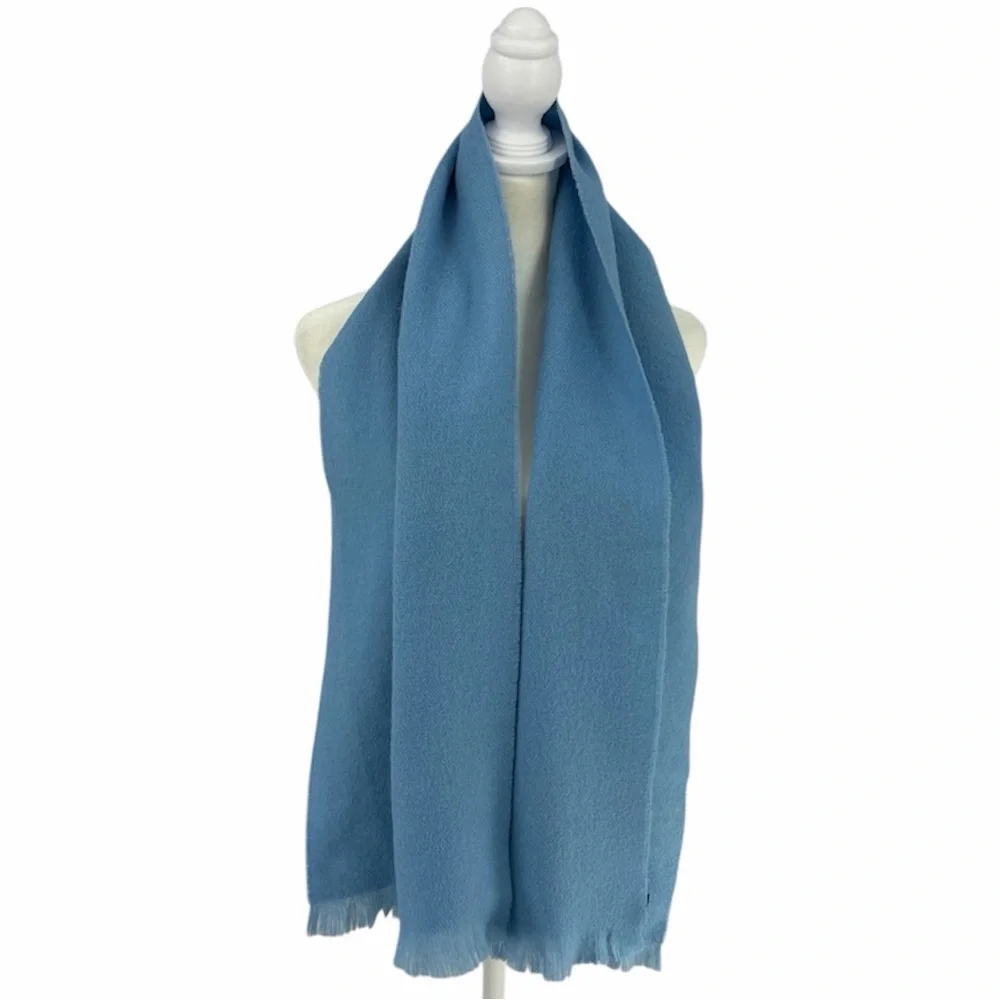 Vintage Scottish 100% Wool Fringed Neck Scarf -- Sky Blue -- Unisex Like New!